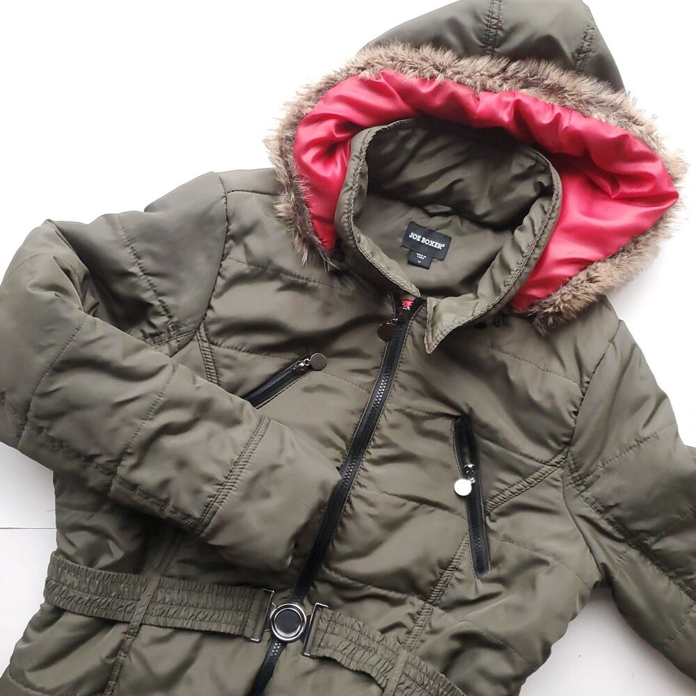 Joe Boxer Puffer Jacket Faux Fur Hood Trim Size 1X Green Pockets Belted